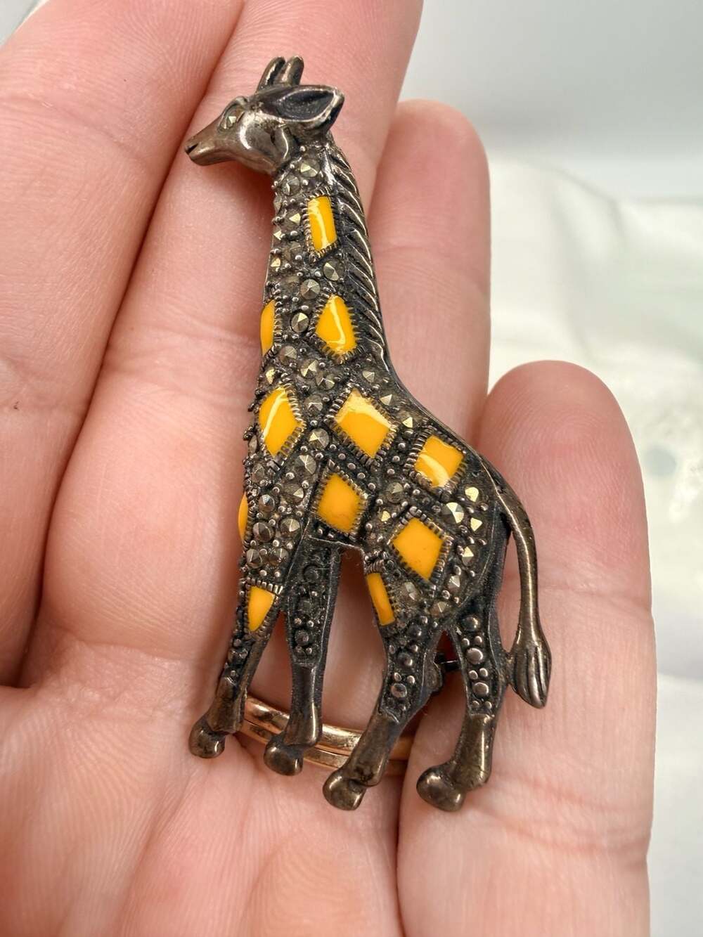 Vintage 925 Thailand Marcasite Enamel Giraffe Brooch